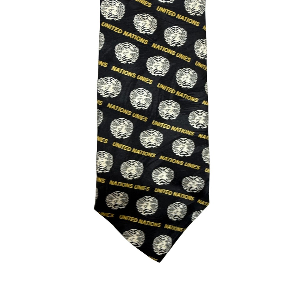 Museum Artifacts United Nations UN Silk Tie Black Gold Logo Print Diplomatic 57"